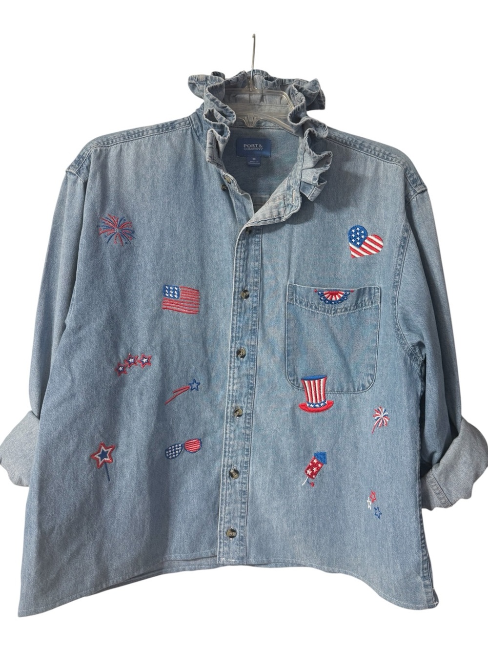 Reworked Ruffle Collar Up Cycled Embroidered Patriotic Shirt